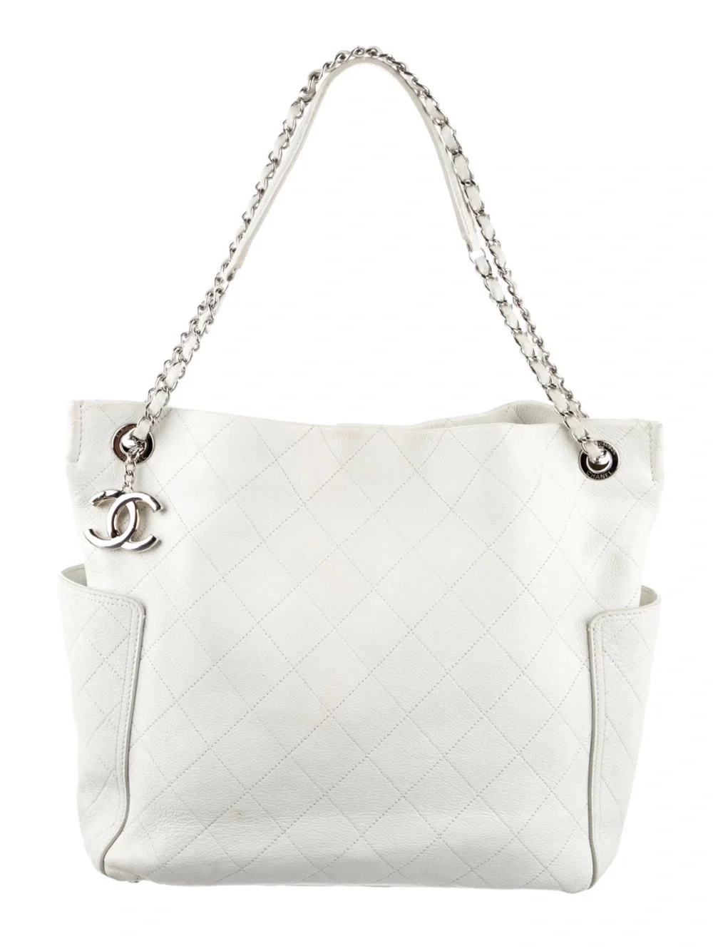 CHANEL White Quilted Leather Chain Shoulder Tote